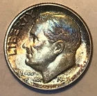 1946 D BU ROOSEVELT DIME. RAINBOW TONING.