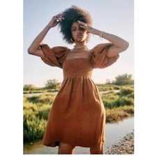 Sézane Carlie Dress Linen Puff Sleeve In Camel