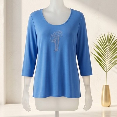 Travel Elements 2X Blue Palm Tree Studded 3/4 Sleeve Top Made in USA
