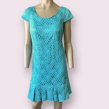 JAX Shift Dress Womens 12 Teal Pleated Hem Cap Sleeves Eyelet Crochet Lace Retro