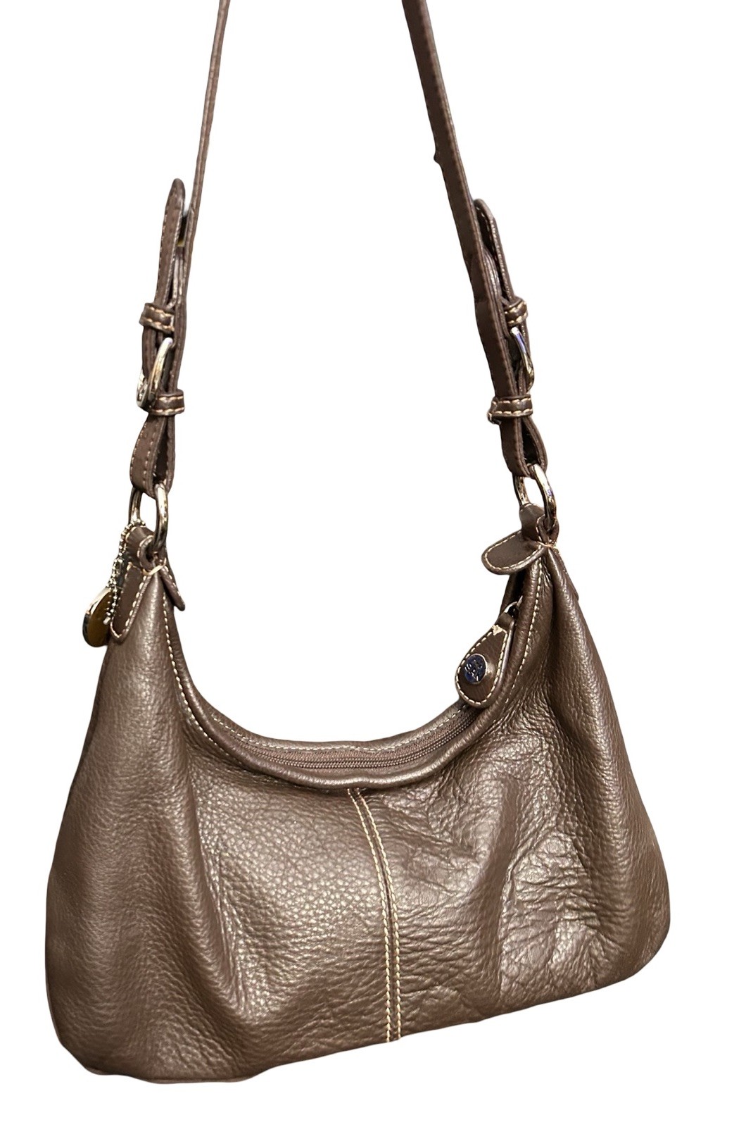 Y2K Retro The Sak Leather Shoulder Bag Brown Silver 12” X 7” Plaid Lining City