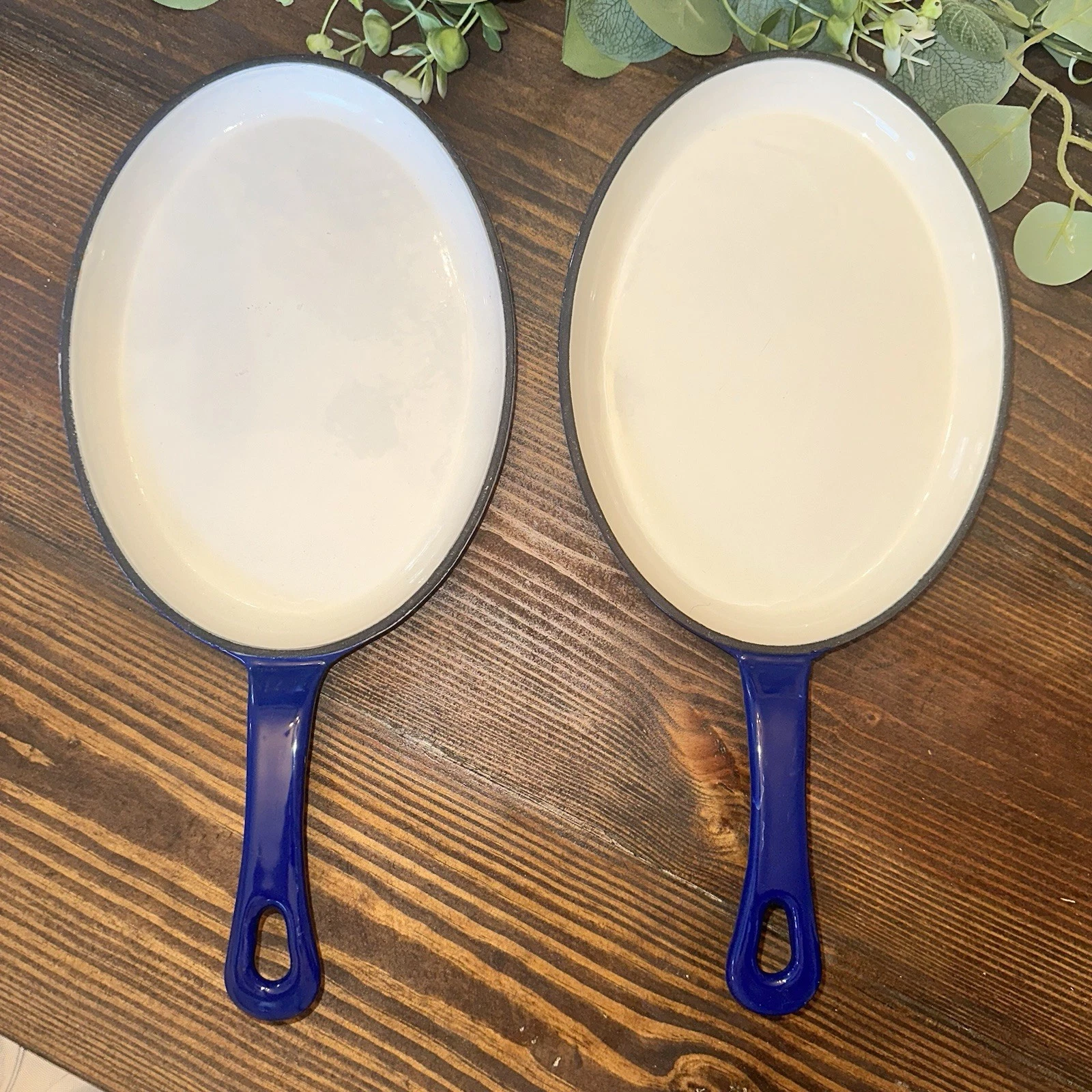 Set Of 2 Rachel Ray Cobalt Blue White Fajita Pancake Cast Iron Enamel Pan