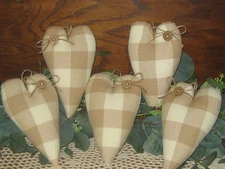 Rustic Cottage Decor  5 Tan & Cream Buffalo Check Hearts Bowl Fillers Ornaments