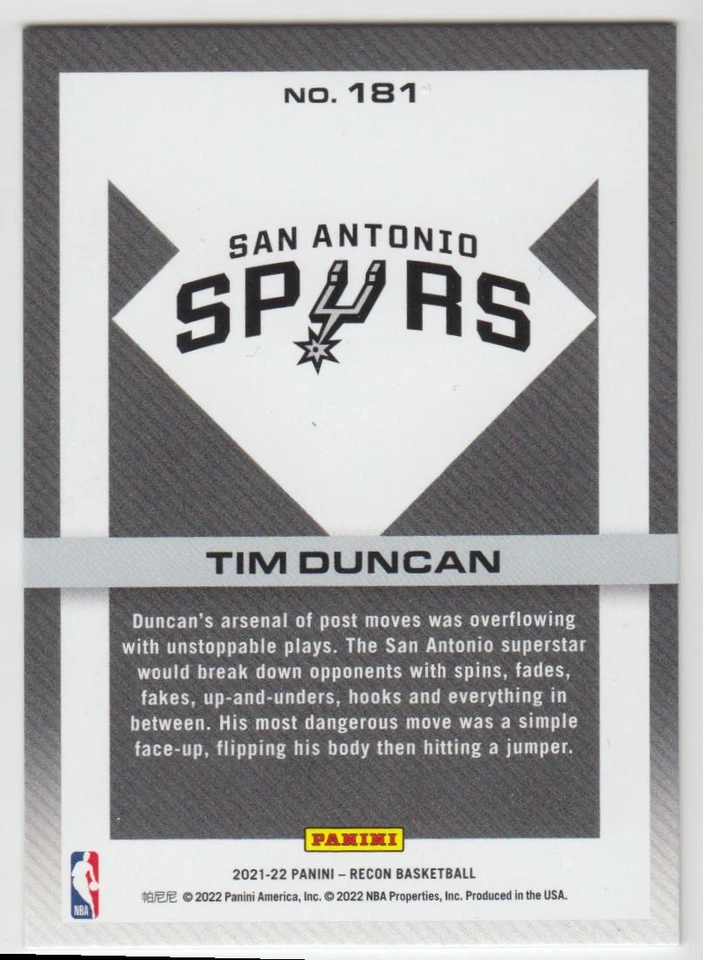 2021-22 Panini Recon Holo Tim Duncan San Antonio Spurs #181 - Image 2 of 2