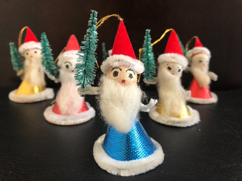 6 Vintage Mid-Century Spun Cotton Pipe Cleaner Christmas Ornaments - Santa