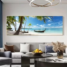 Panoramic View of Beach Scene with Blue Water Canvas Print Wall Art Home Decor