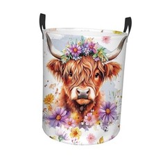 Highland Cow Laundry Basket, 43L Round Oxford Cloth Flower Highland Cattle