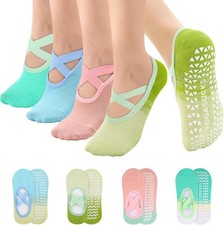 Jspupifip 4 Pairs Pilates Socks with Grips for Women X-Cross Straps Non Skid Yog