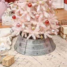 Christmas Tree Collar Steel Tree Ring Skirt w/ Snowflake Print 26" Base Silver