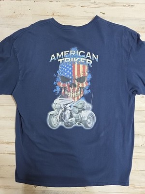 Mens American Triker Tshirt Navy Graphic Skull Trike Flag Short Sleeve Sz XL