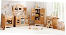 Wooden Play Kitchen, 4-in-1 Kids Kitchen Playset with Fridge, Washing