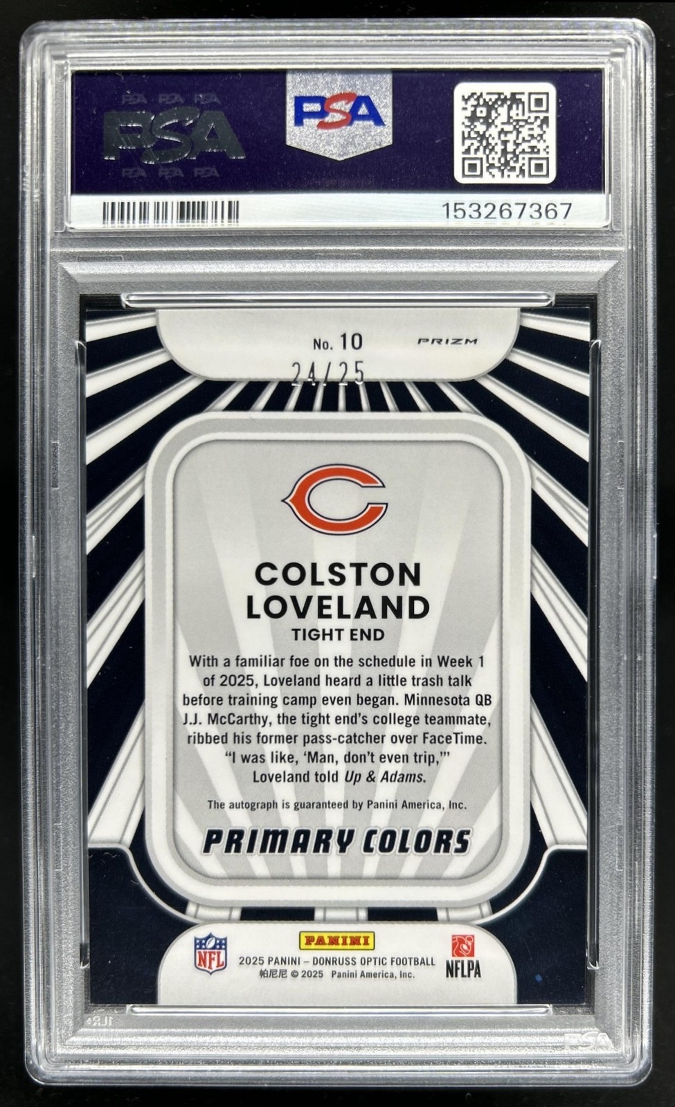 2025 Donruss Optic Colston Loveland RC Primary Colors Auto Purple #/25 PSA 9 view 2