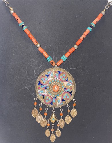 VintageGolden Bronze Enameled Tibetan Turquoise And Coral Pendent Necklace 24”