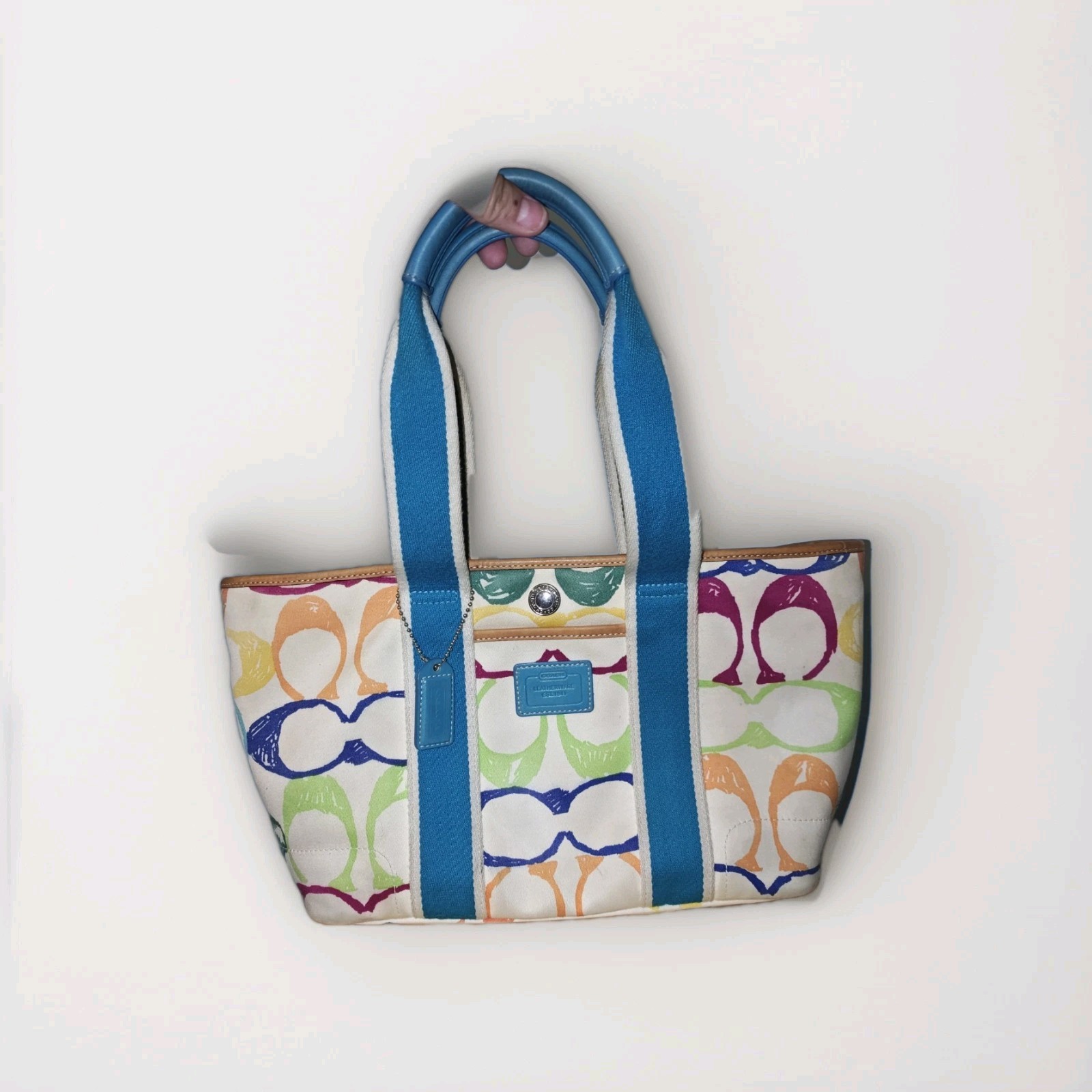 Vintage Coach Scribble Rainbow Signature Canvas Tote Bag Blue Leather Trim Y2K
