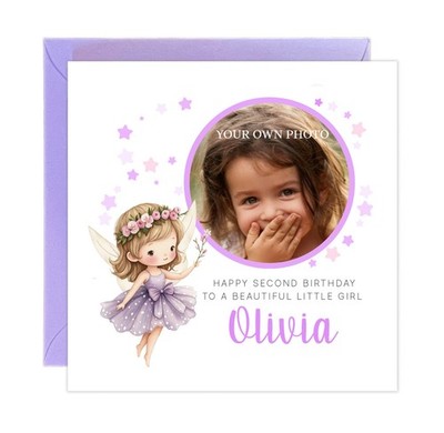 Personalisierte Fotokarte 2. Geburtstag für Kleinkind Mädchen - süßes Feendesign