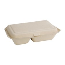 Fiesta Compostable Bagasse Two-Compartment Hinged Food Containers Natural Colour