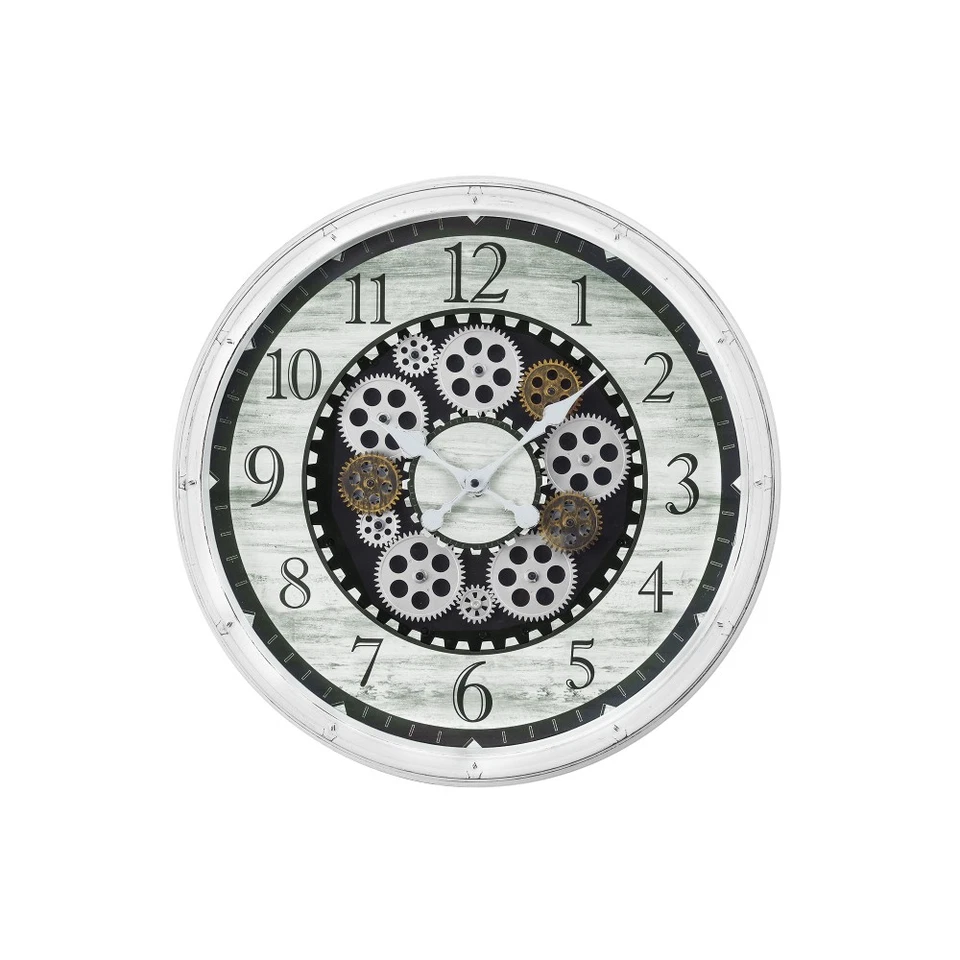 Antique White 20" Round Wall Clock Gear Mechanism Transitional Style Decor - Image 2 of 4