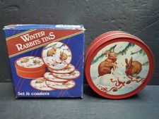 Winter Rabbit Emson Red Tin of Coasters With Cork 3.75" In Original Box. Great