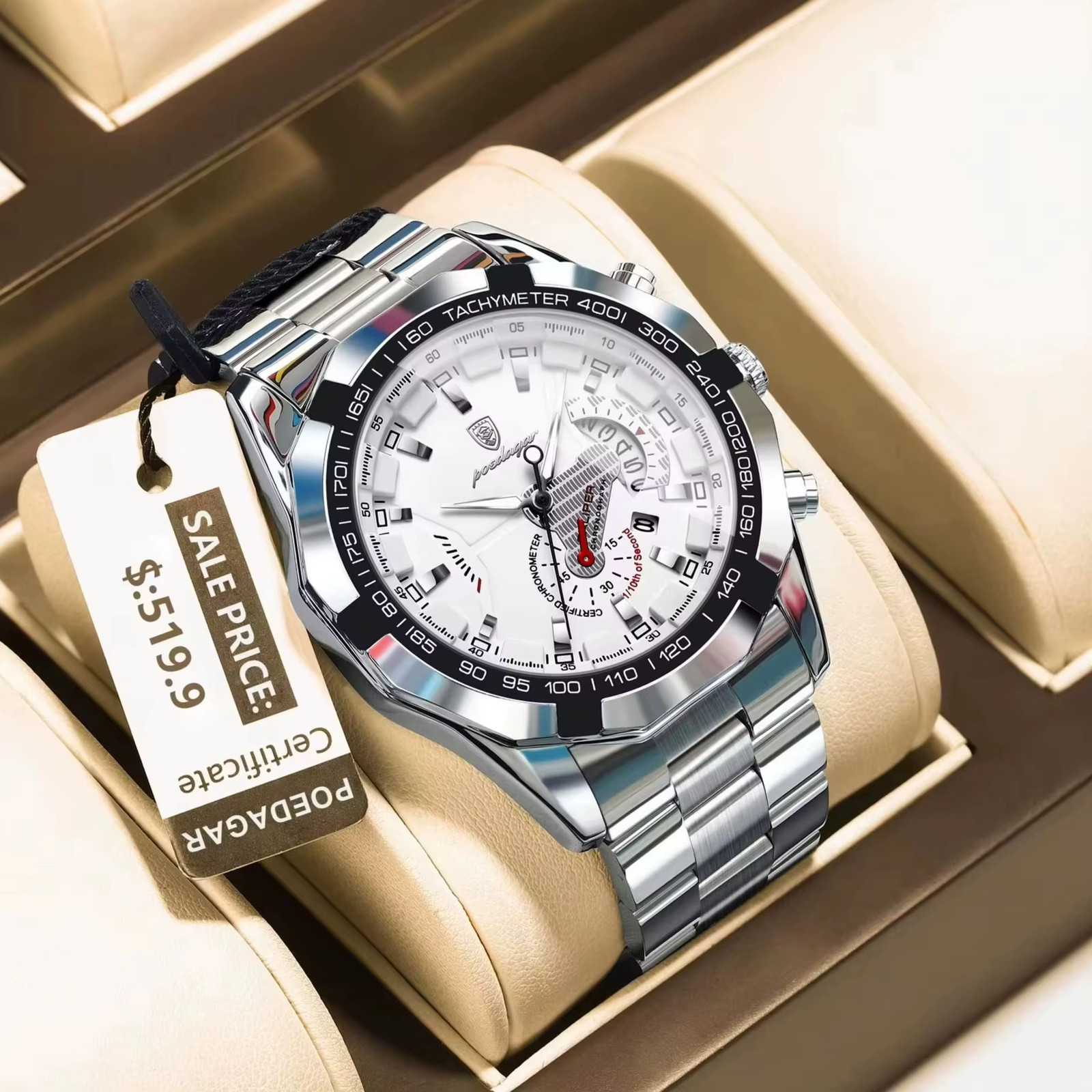 Montre homme étanche avec calendrier et aiguilles lumineuses cadran noir