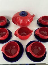 Servizio da Thè Anni 60 Ceramica con Smalto Rosso E Blu