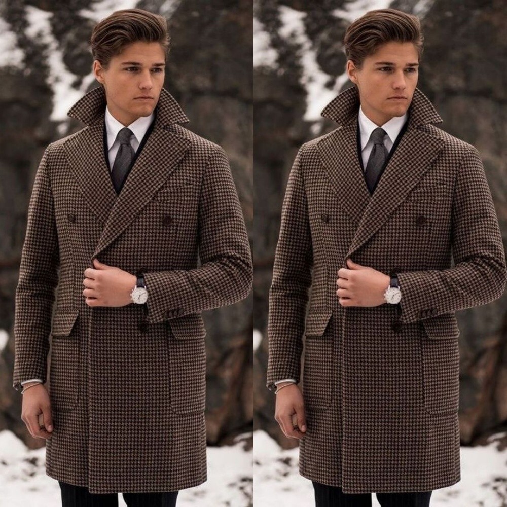 Brown Houndstooth Men's Overcoat Double Breasted Fashion Fall