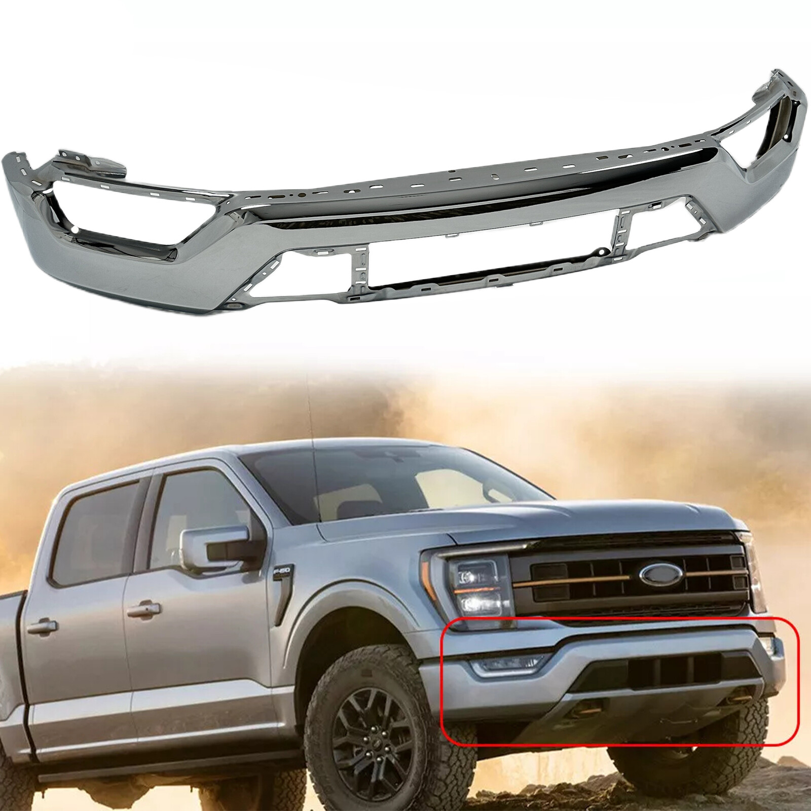 Chrome Steel Front Bumper Without Sensor Holes For 2021-2023 Ford F-150