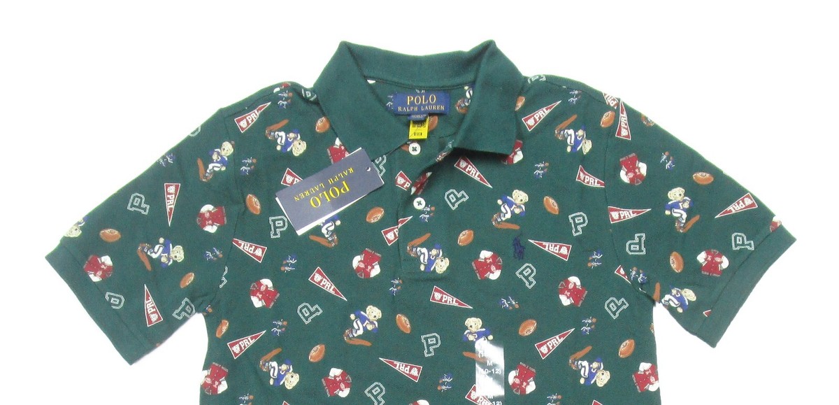 Polo Ralph Lauren Boys Green Football Polo Bear Varsity Print