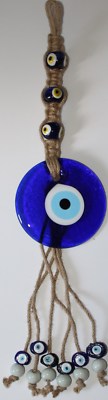 20'' Long Macrame 5'' Glass Evil Eye & Small Glass Beads Judaica Luck Wall Charm