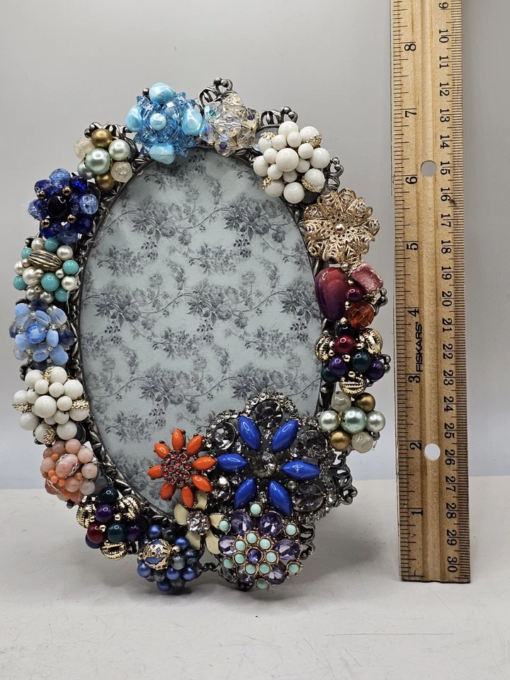Vintage Jeweled Assemblage Picture Frame Blue White Rhinestone Bead Floral OOAK - Image 4 of 4