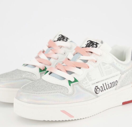 Sneakers John Galliano bianco argento stampa gazzetta logo EUR37 UK 4 nuove con etichette - Foto 3 di 10