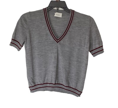 Vicolo Women s Vintage Gray Vneck Academia Short Sleeve Medium Large Pullover
