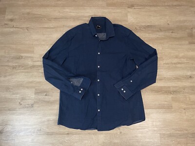 Men s H&M Slim Fit Long Sleeve Sz XL Button Up Polka Dot Shirt Navy Blue