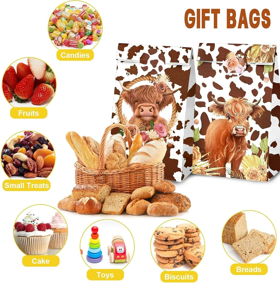 24 Piezas Bolsas Highland Vaca Fiesta Favor Marrón Vaca Impreso Papel Goodie Caramelo Bolsas Hi Foto 4 de 4