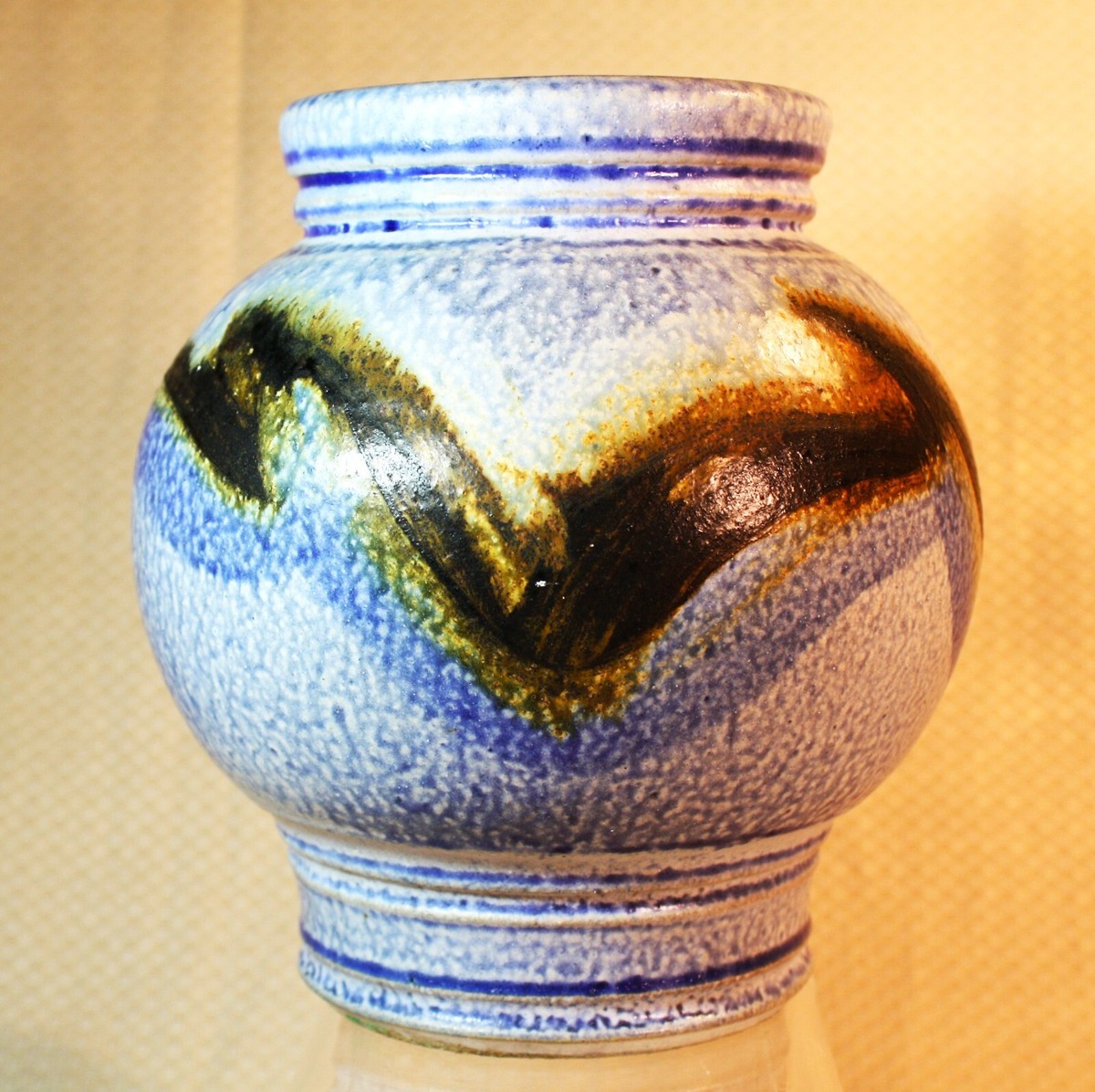 Stoneware Vase Signed KLEIN Studio Art Pottery Blue and Brown Swirls 7