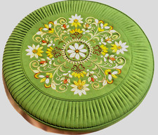 VTG 15" ROUND PLEATED DECORATIVE THROW PILLOW HAND EMBROIDERED LIME GREEN