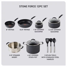 T-Fal 12PC Set Fry Pan Stockpot 500F Black Cookware Stainless Steel Glasss