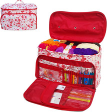 Red Floral Knitting Bag Large Size, Yarn Storage Organizer Tote Bag Holder Case