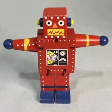 Original Toy Company Wood Robot Red Blue Poseable Home Decor 4.5” Desk