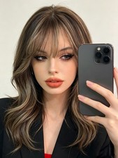 Caramel Brown Blonde Highlight Wigs with Bangs 100 Human Hair Lace Front Wigs