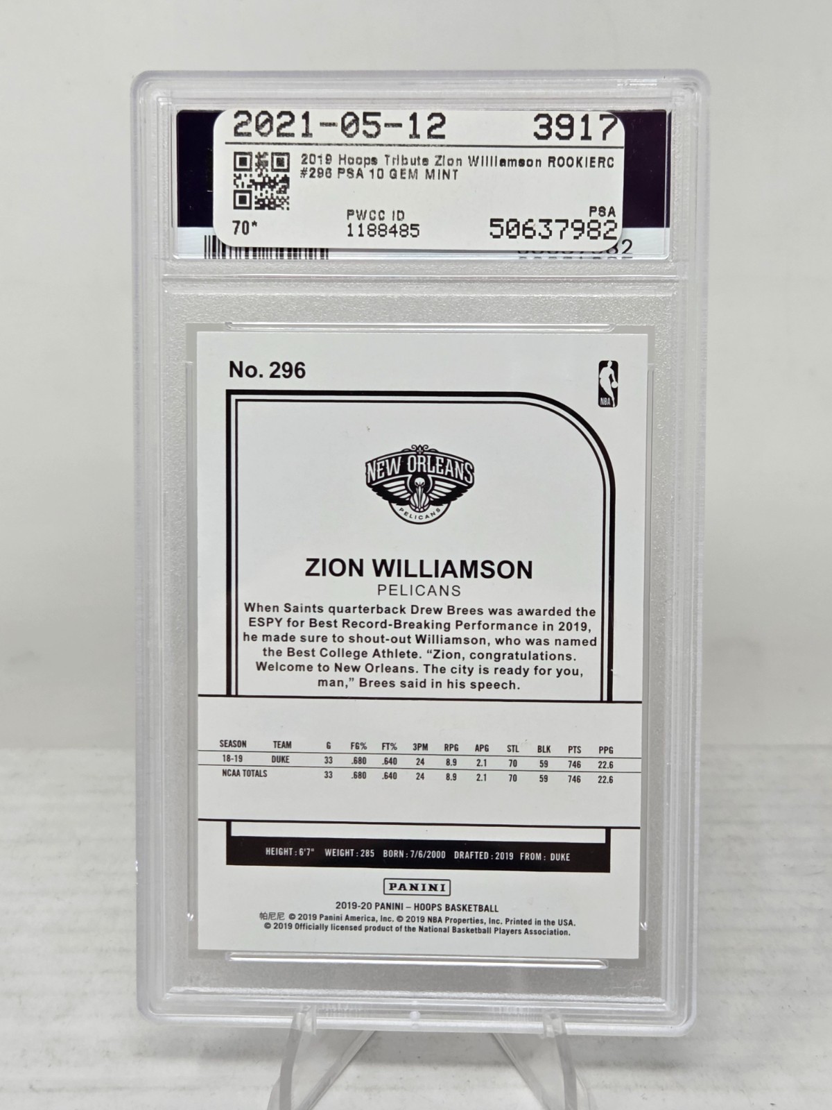 2019 Hoops ZION WILLIAMSON Rookie Card PSA 10 Gem Mint view 2