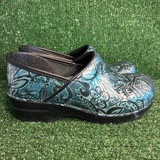 Dansko Professional Floral Metallic Leather Comfort Clogs Blue Womens Sz 9.5-10