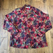 VINTAGE Preston & York Womens Sz XL 100% Silk Button Down Long Sleeve Shirt