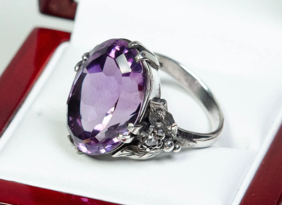 925 Argento - Antico Anello - 21.00 CT Ametista - 0.10 Diamante - Fatto a Mano - Immagine 3 di 4