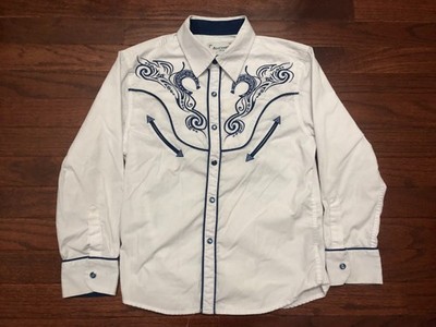 KIDS ACE OF DIAMOND U.S.A. PEARL SNAP SHIRT YOUTH SIZE 10 WHITE BLUE WESTERN