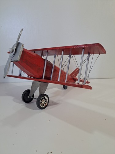 Large Wooden Model Propeller Bi Plane Airplane Red & Silver - Picture 2 of 8