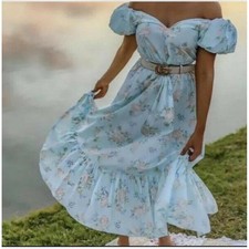 LoveShackFancy Maxi Dress Womens 10 Blue Floral Puff Sleeve Excellent