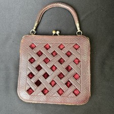 Antique Victorian c1890 Leather Purse Handbag Woven Lattice Red Velvet 7x7