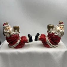 Vintage Sitting Santa Taper Candle Holders 5" Tall Set Of 2 Ceramic Christmas