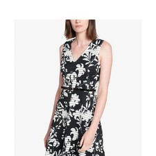 Tommy Hilfiger Sheer Stripe Scuba V Neck Fit Flare Black White Floral Dress 4