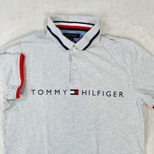 Tommy Hilfiger Men's Light Gray Slim Fit Polo Shirt Size L Short Sleeve Y2K